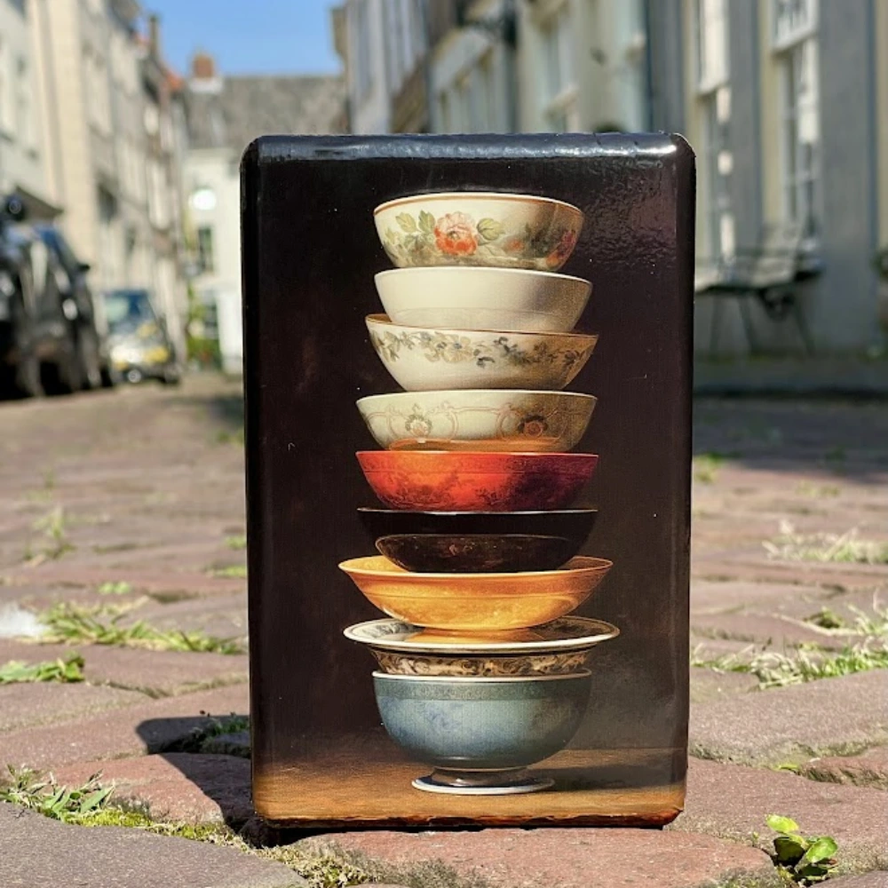 Laqueprint hout met kunstwerken